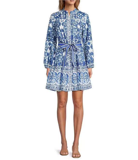 Brynn Navy Scarf Print Long Sleeve Tie Waist Dress | Dillard's