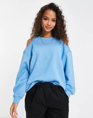 Urban Revivo cut-out shoulder detail sweatshirt in blue | ASOS (Global)