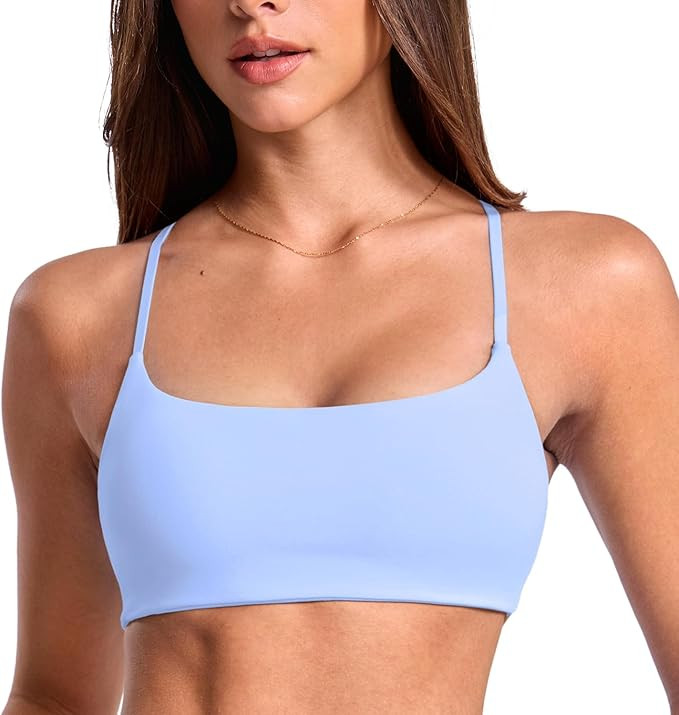 Women's Low Scoop Neck Sports Bra Spaghetti Criss Cross Strap Padded Workout Yoga Bra Crop Top | Amazon (US)