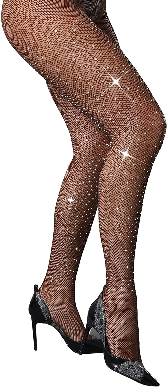 CHRLEISURE Women's Sparkle Rhinestone Fishnets Sexy Tights High Waist Stockings | Amazon (US)