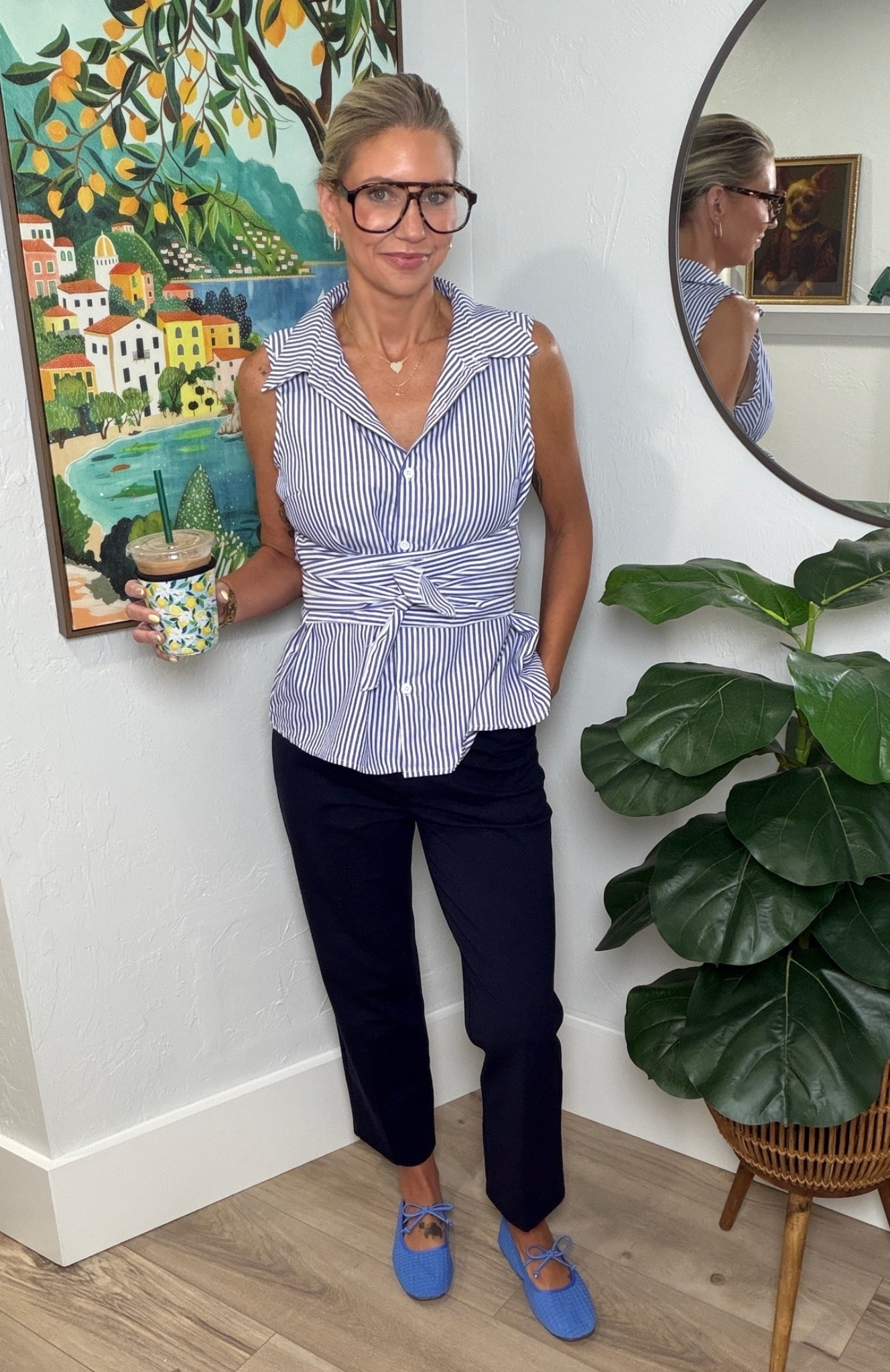 This wrap style sleeveless top is just too good to pass up! I love a unique take on a classic look. You can wrap it two different ways, and easily dress it up or down. I’m wearing a small. 
Code FUS5leeannstyled210 for an extra little discount! 
My pants are from Amazon. They’re nice and stretchy! I’m wearing a 2. 

My flats are from the little girls section! 🫣 Size 6 is the same as adult size 8. Fun little life hack!