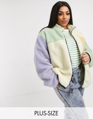 Daisy Street Plus high neck jacket in color block teddy fleece | ASOS US