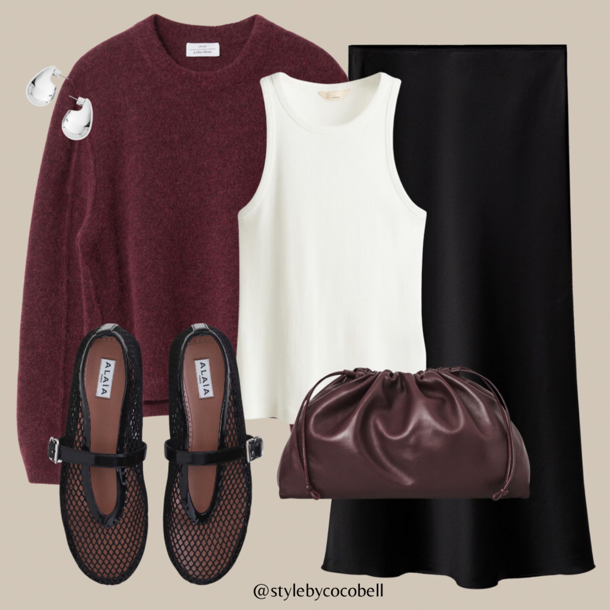 Burgundy knit sweater, silk tank top, black satin skirt, burgundy pouch bag, alaia ballet flats

#LTKsummer 

#LTKautumn #LTKeurope