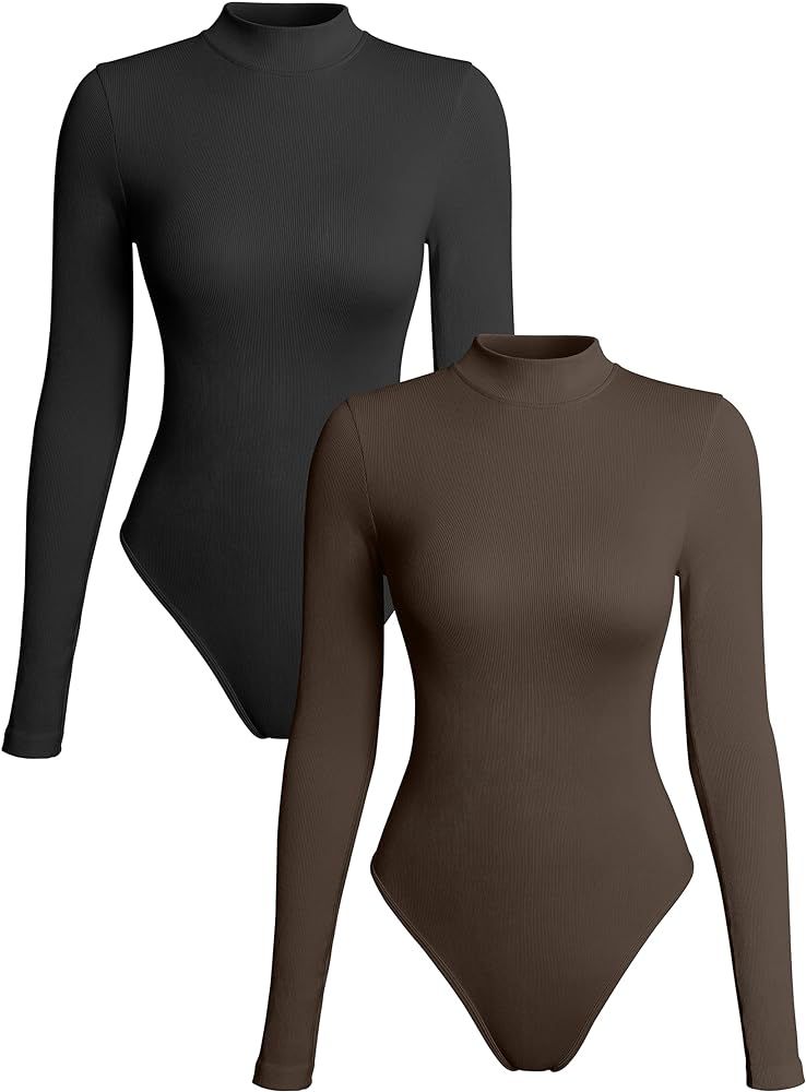 OQQ Women's 2 Piece Bodysuits Sexy Ribbed Turtle Neck Long Sleeve Tops Bodysuits | Amazon (US)