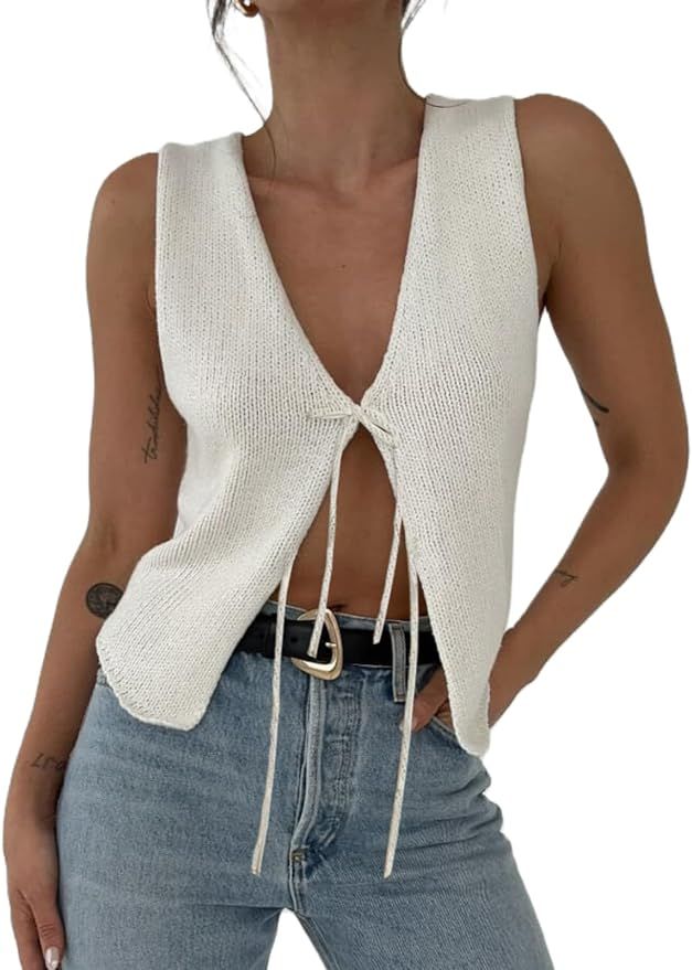 Tie Front Knit Vest Top for Women Y2k V Neck Sleeveless Crochet Vest Crop Top Going Out Streetwea... | Amazon (US)