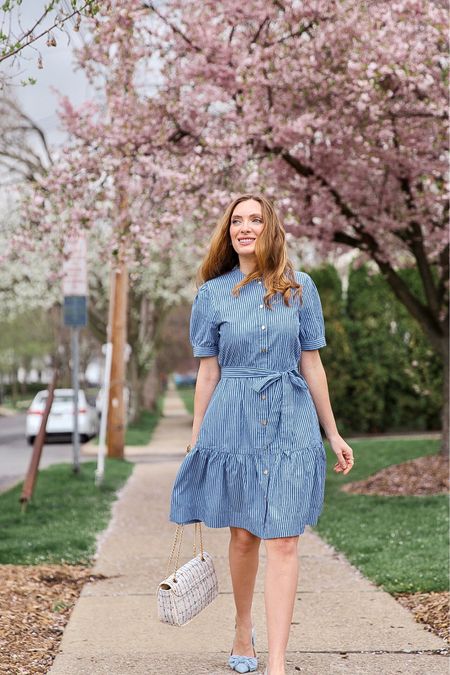 Feeling blue in a good way! 🩵 An all blue ensemble feels fresh for spring and leading into the summer months. Love that the dress has gold buttons, pockets, a beautiful bow at the waist, and stripes. Fits true to size

#LTKsalealert #LTKfindsunder50 #LTKSeasonal