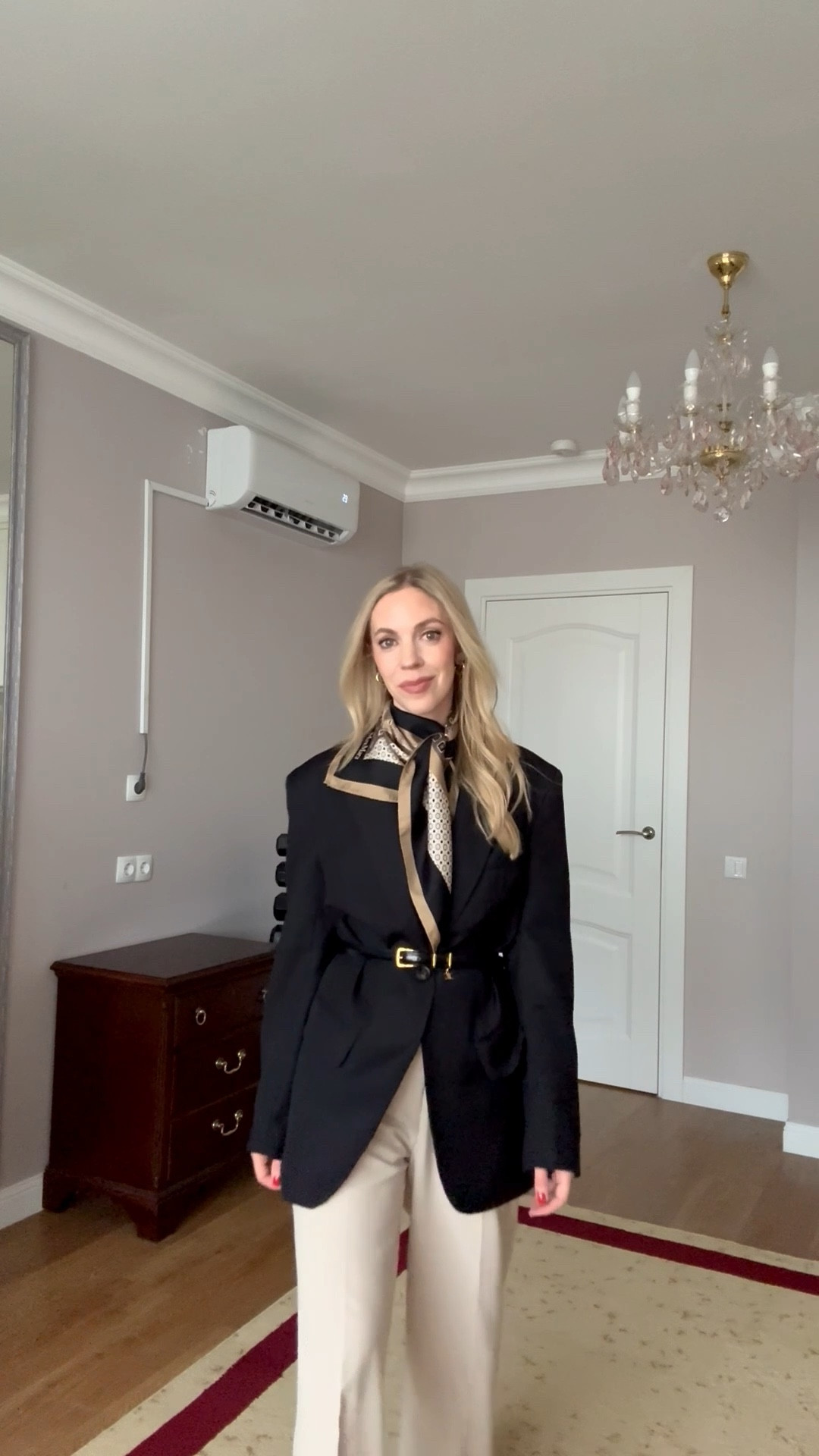 Work outfit, business casual workwear, silk scarf with blazer outfit, Celine belt, beige and black outfit

#LTKOver40 #LTKSeasonal #LTKWorkwear