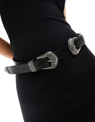 ASOS DESIGN leather double buckle western waist and hip belt in silver | ASOS (Global)