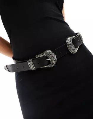 ASOS DESIGN leather double buckle western waist and hip belt in silver  | ASOS | ASOS (Global)
