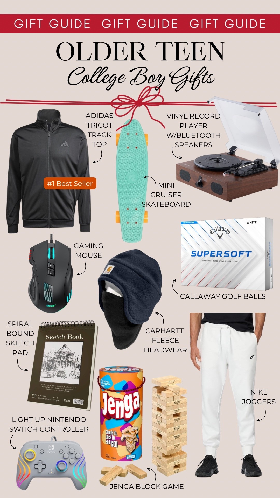 This gift guide for older teen college boys includes an Adidas zip up track top, a mini cruiser skateboard, a vinyl record player, gaming mouse, Carhartt fleece headwear, Callaway golf balls, a sketch book, light up Nintendo Switch controllers, Jenga block game, and Nike joggers.

Gifts for him, gifts for teens, gifts for boys, college boy gift guide

#LTKHoliday #LTKGiftGuide #LTKFindsUnder50