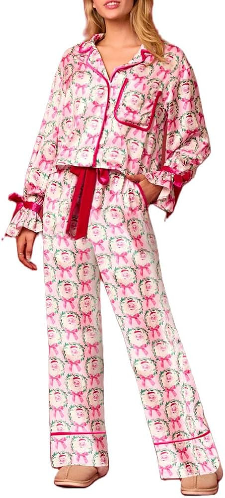 KOSUSANILL Women Christmas Pajama Set Y2k 2 Piece Bow Long Sleeve Shirt Pants Pjs Outfit Santa Sa... | Amazon (US)