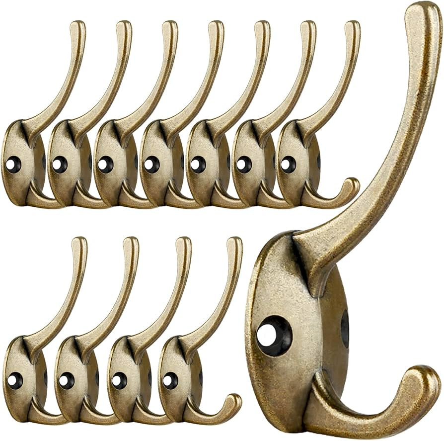 IBosins 12 Pack Antique Brass Coat Hooks Wall Mounted with 24 Screws Retro Double Hooks Utility A... | Amazon (US)