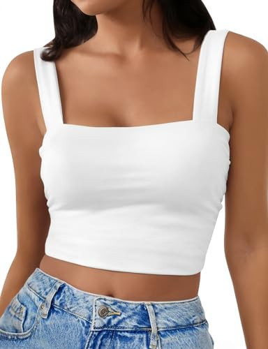 AURUZA Square Neck Tops for Women, Sleeveless Crop Tops Women, Sexy Cropped Double Layered Tank Tops, Womens Workout Basic Tops(White,Medium) | Amazon (US)