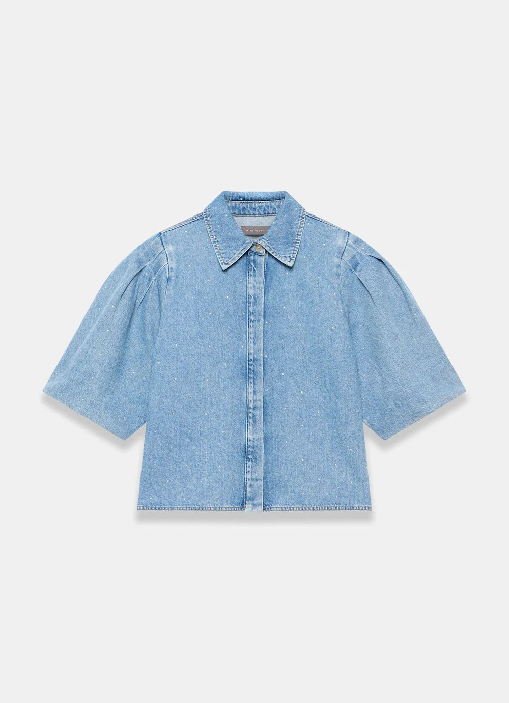 Indigo Denim Embellished Puff Sleeve Shirt | Mint Velvet