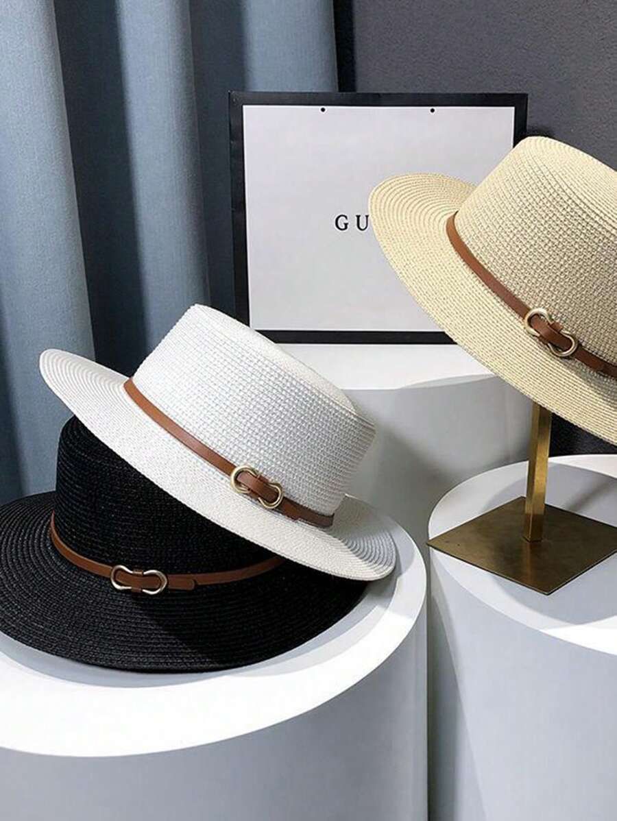 1pc Fashionable Lady Flat Top Straw Hat With Metal Ring & Tie Strap, Suitable For Daily Wear And ... | SHEIN