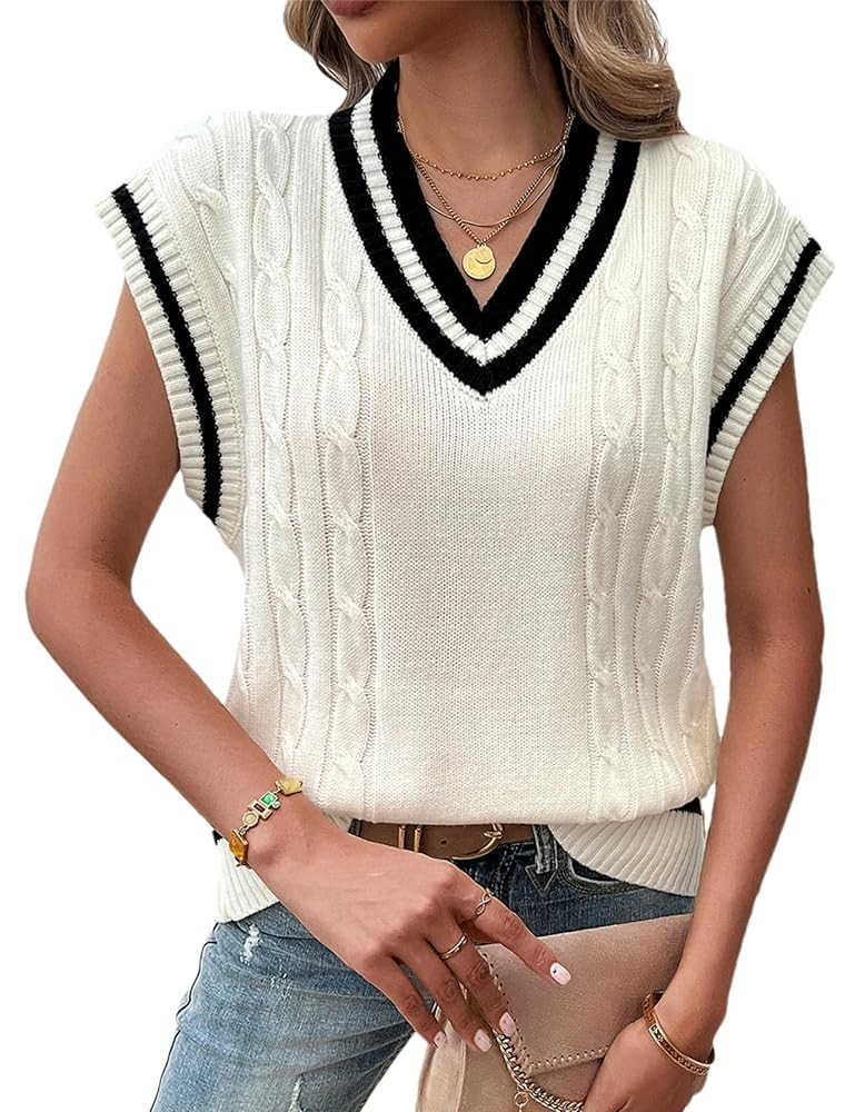 Zontroldy Womens Fall Fashion V Neck Sleeveless Sweater Vest Pullover Knitted Vests Tops | Amazon (US)