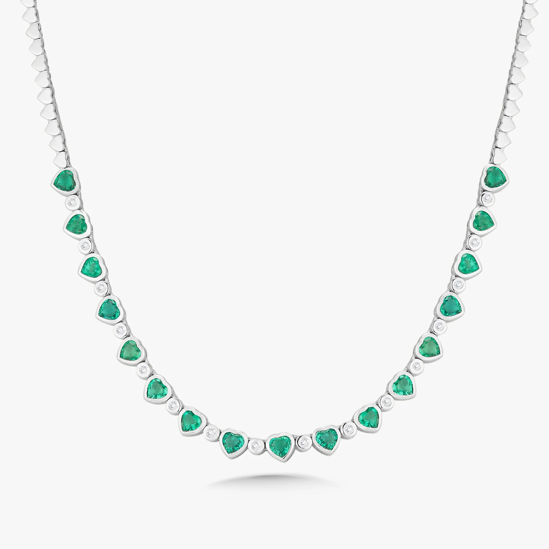 Augusta Alternating Green Emerald Heart & Diamond Bezel Tennis Necklace 6.94 ctw | RW Fine Jewelry