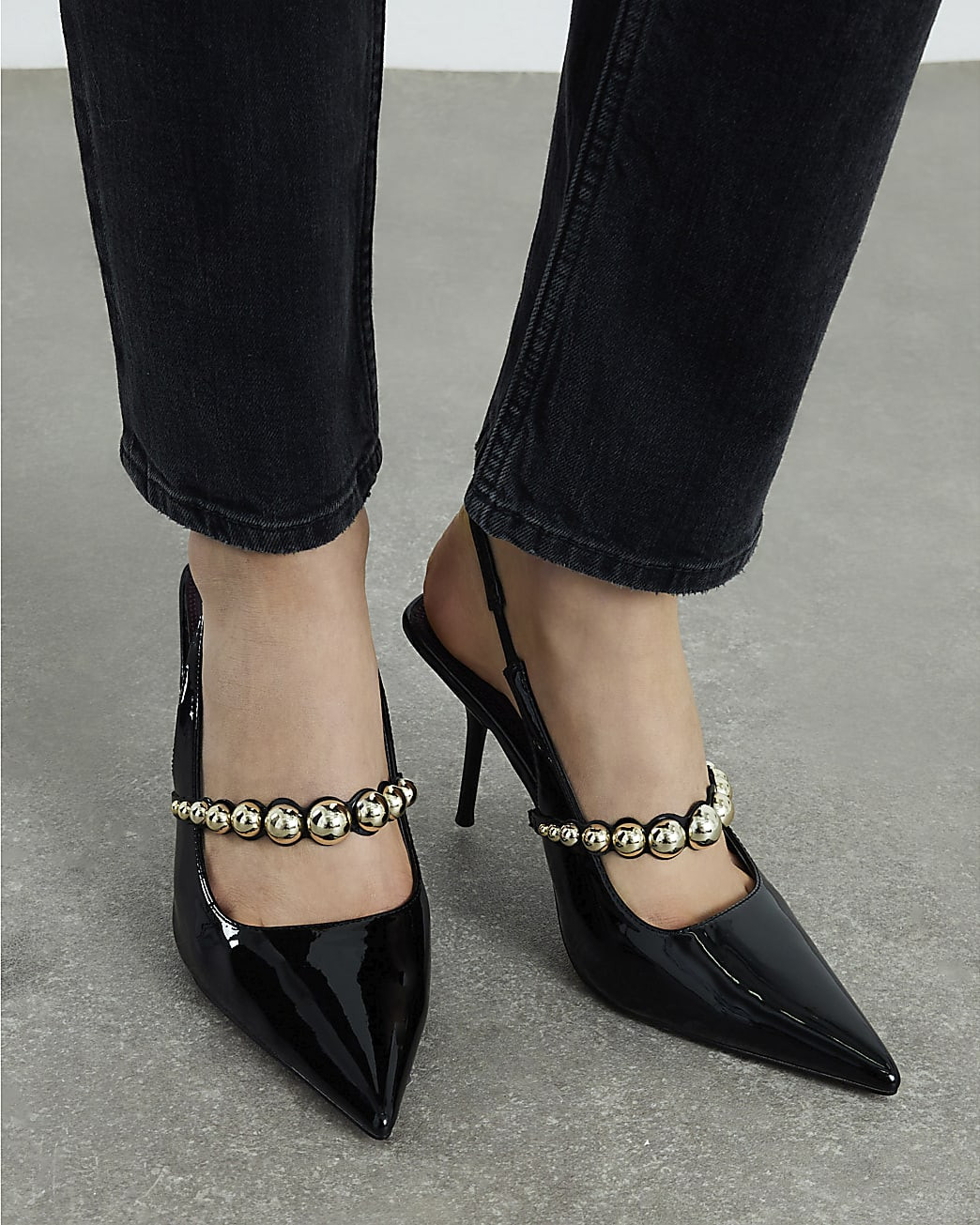 Black Embellished Strap Slingback Court Heels | River Island UK & IE