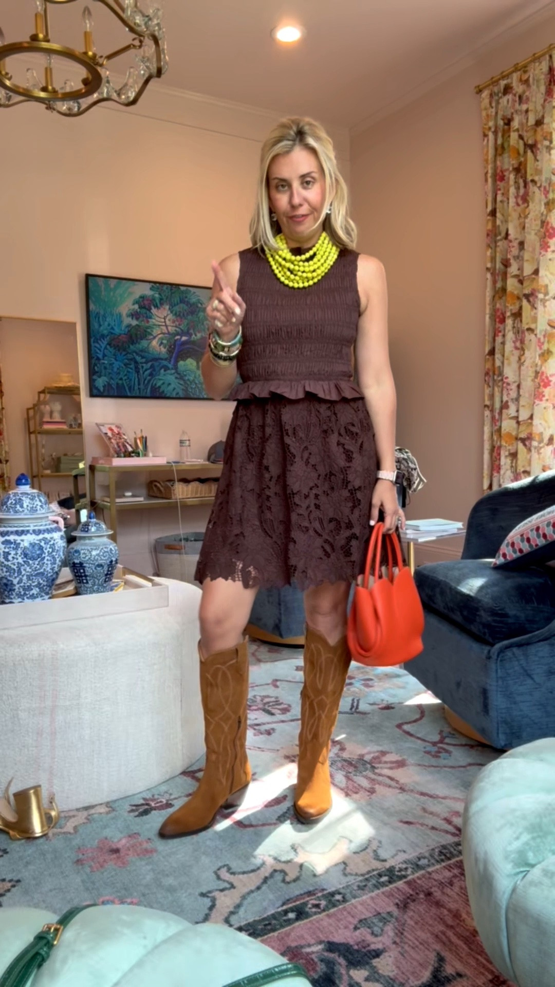 Obsession worthy!! The chocolate brown with a pop of color is such a yes! 
Dress - xs 
Boots - 8 

*Code Catherine20 at Allie + Bess

#LTKdayinmylife #LTKootd #LTKmomlife