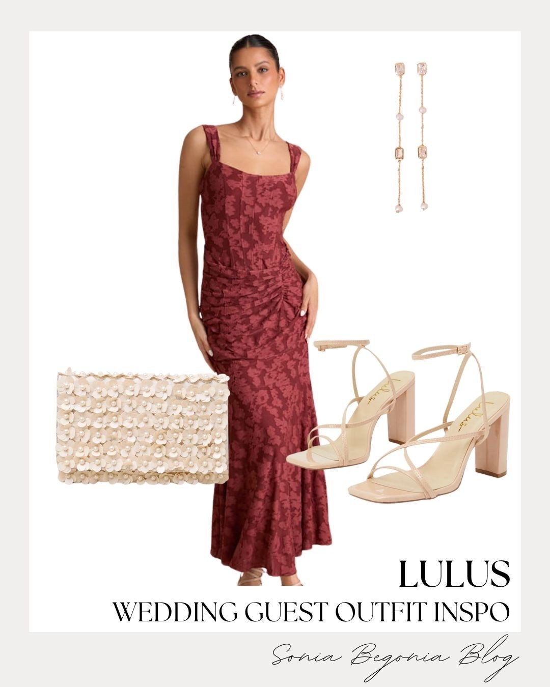 I’m loving this gorgeous Lulus wedding guest outfit! 🍷

A deep wine-red floral ruched dress paired with strappy nude block heels, a delicate beaded clutch, and elegant drop earrings creates the ultimate romantic look for any special event. ✨

#LTKwedding #LTKunder100 #LTKfit #LTKstyletip #Lulus #WeddingGuestDress #FallWedding #FormalWear #DressInspo #EveningOutfit

#LTKootd #LTKSeasonal #LTKWedding