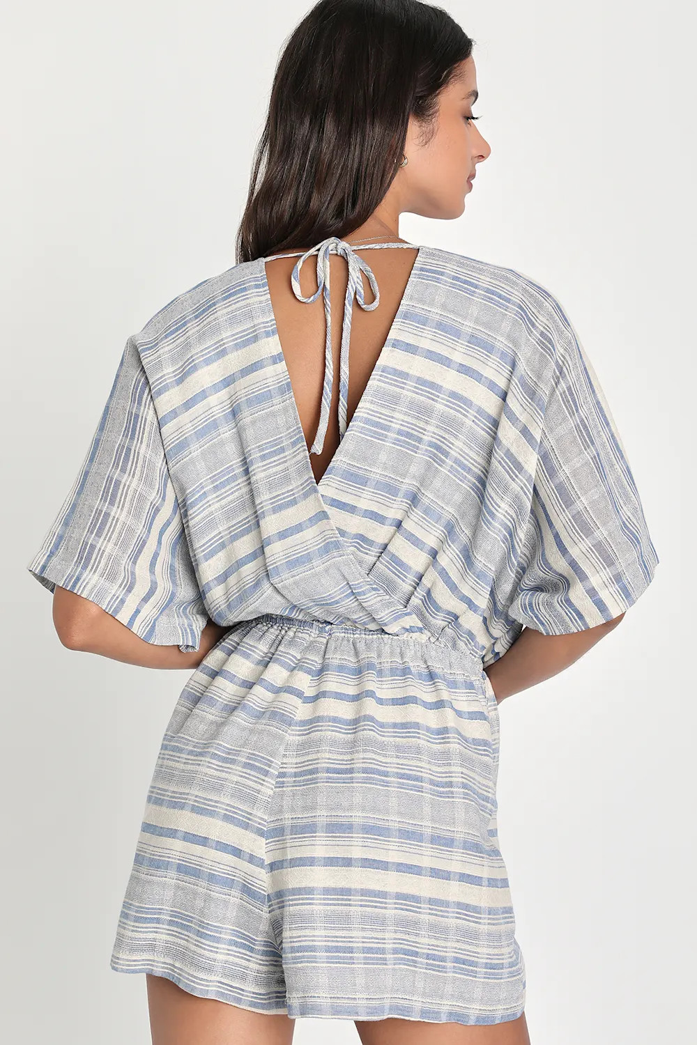 Coastal Cruise Blue and Beige Striped Short Sleeve Romper | Lulus (US)