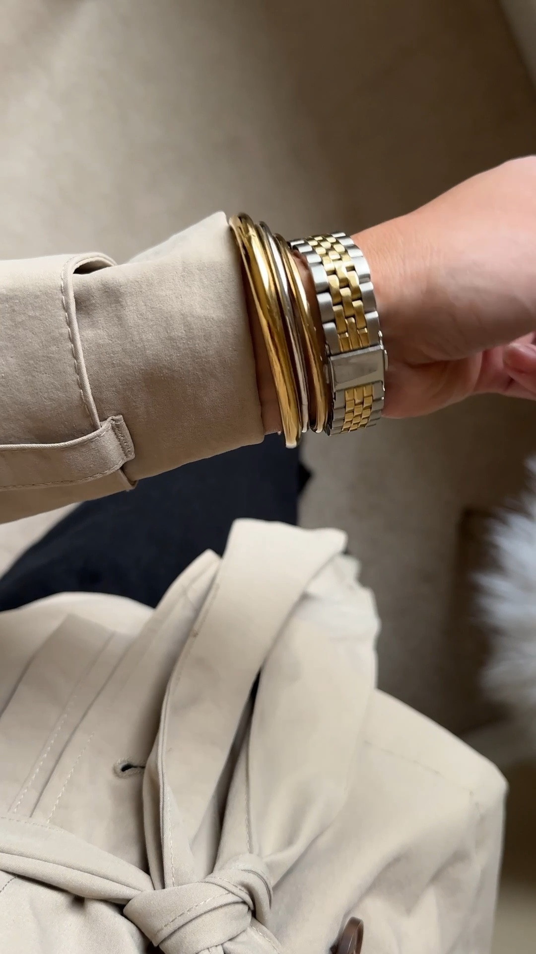 My favorite everyday bangle bracelets are on sale 25% off. I haven’t seen them discounted this much ever. Shown here is a gold bangle cuff and a set of 2 thinner bangles. Both styles are available in gold and silver. 
Short trench coat. True to size. Workwear outfit. 
Flats are so chic. Investment shoes that are currently 25% off. True to size. Most comfortable flats that I own  

#LTKSaleAlert #LTKOver40 #LTKWorkwear
