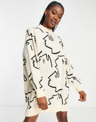 Monki knitted mini dress in beige face print | ASOS (Global)