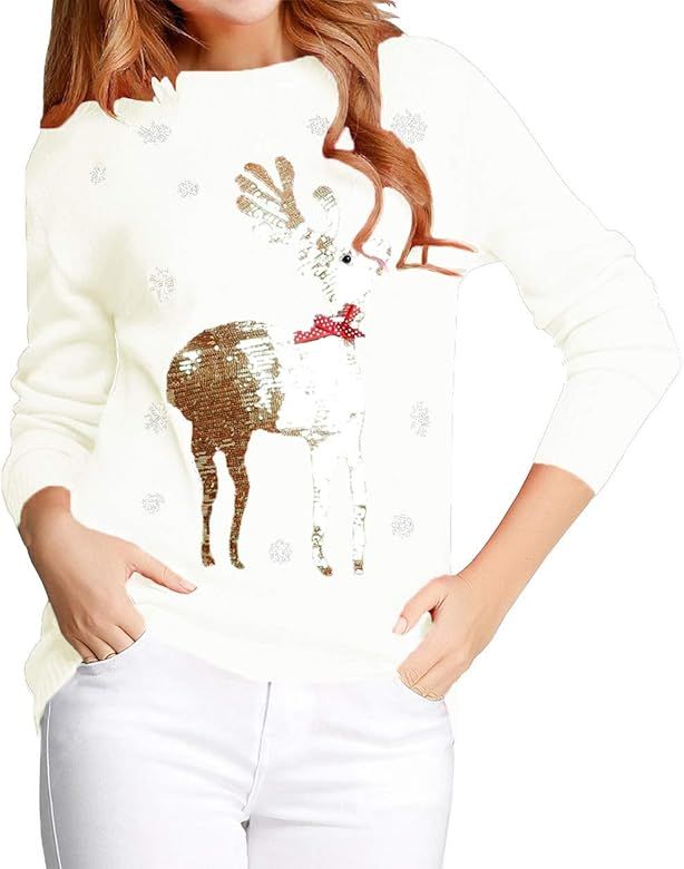 v28 Ugly Christmas Sweater for Women Reindeer Funny Merry Xmas Knit Sweaters | Amazon (US)
