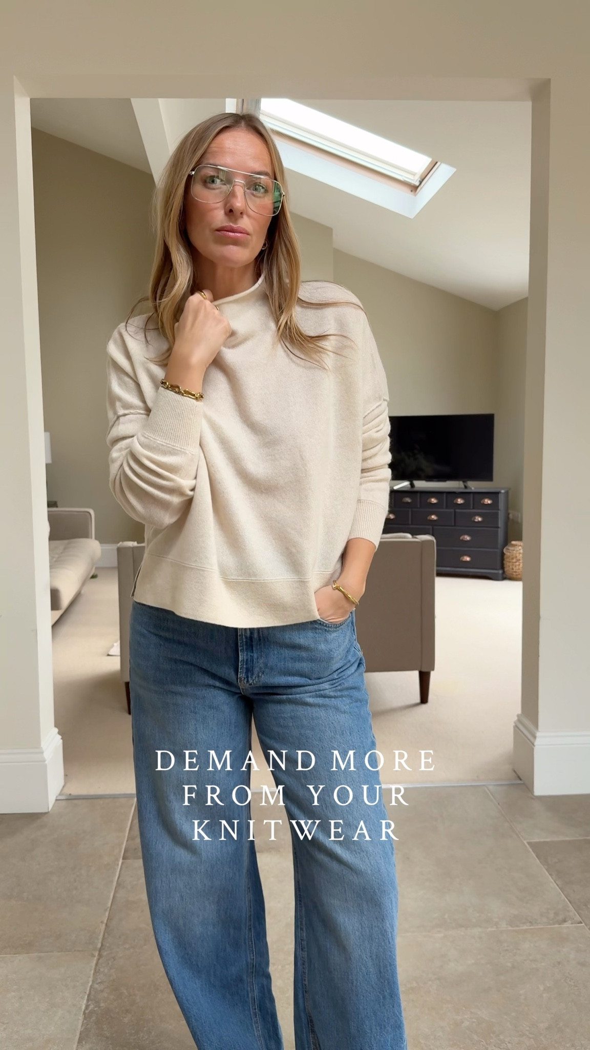 I say it all the time but it’s important clothes offer more - what are they actually doing for you? 
Are they worth your investment ? ( not just the money but the time and space to care for, wear and store them) 
These two knits are tried and tested client favourites . 
Beautiful quality cashmere 
Light and drapey 
Excellent design and detail
Slouchy silhouettes that work well with wide leg jeans too 😉 
Smart enough for a tailored trouser 
Effortless luxury 
Soft 100% cashmere 
Easy to style and incorporate into your everyday 

I can wear the medium or the large in the Henley ( this is the large) 
Wearing a medium in the cream mock neck. 

Wearing a 30 regular in the jeans 

Silhouettes like these are hard to find in good quality yarns - bring all the feel good. 

#LTKluxury #LTKwinter #LTKgiftguide