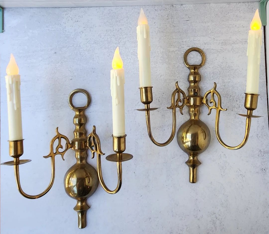 Set 2 Vintage Solid Brass Double Arm Candle Holders Wall - Etsy | Etsy (US)