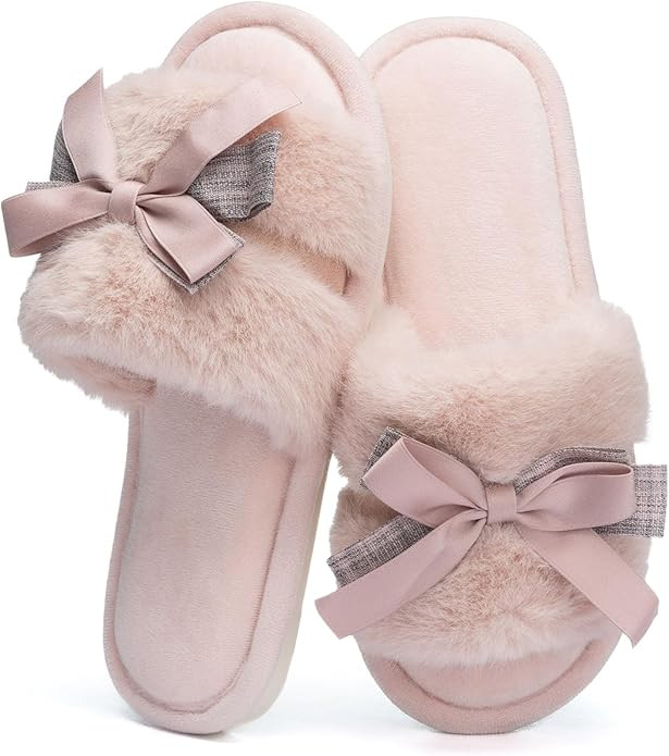 Cute Bow Slippers for Women with Memory Foam Open Toe Fuzzy House Slippers indoor outdoor Anti-Sk... | Amazon (US)
