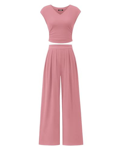 BTFBM Womens 2 Piece Outfits Summer 2025 V Neck Cap Sleeve Ruched Top Wide Leg Pants Sets Rib Knit Lounge Matching Set(Dusty Pink, Small) | Amazon (US)