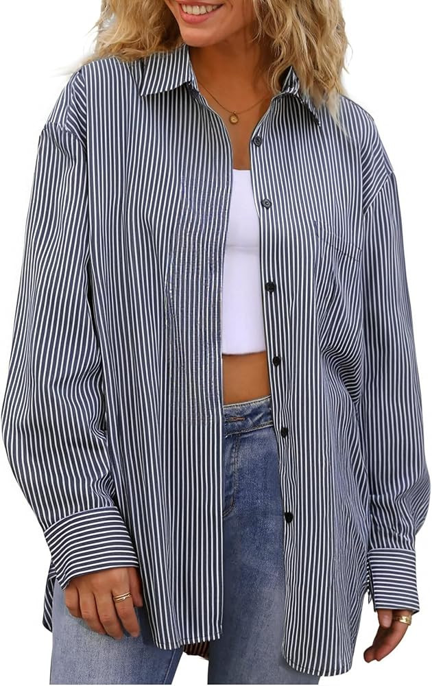 Damipow Striped Button Down Shirt Women Dress Shirts Long Sleeve Cotton Oversized Shirts for Wome... | Amazon (US)