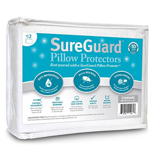 Set of 2 Standard Size SureGuard Pillow Protectors - 100% Waterproof, Bed Bug Proof, Hypoallergenic - Premium Zippered Cotton Terry Covers | Amazon (US)