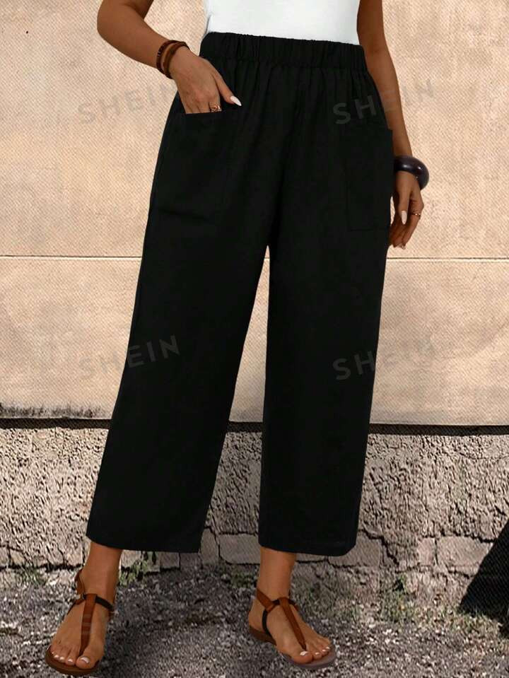 EMERY ROSE Plus Size Women'S Black Trousers With Pockets And Elastic Waistband | SHEIN