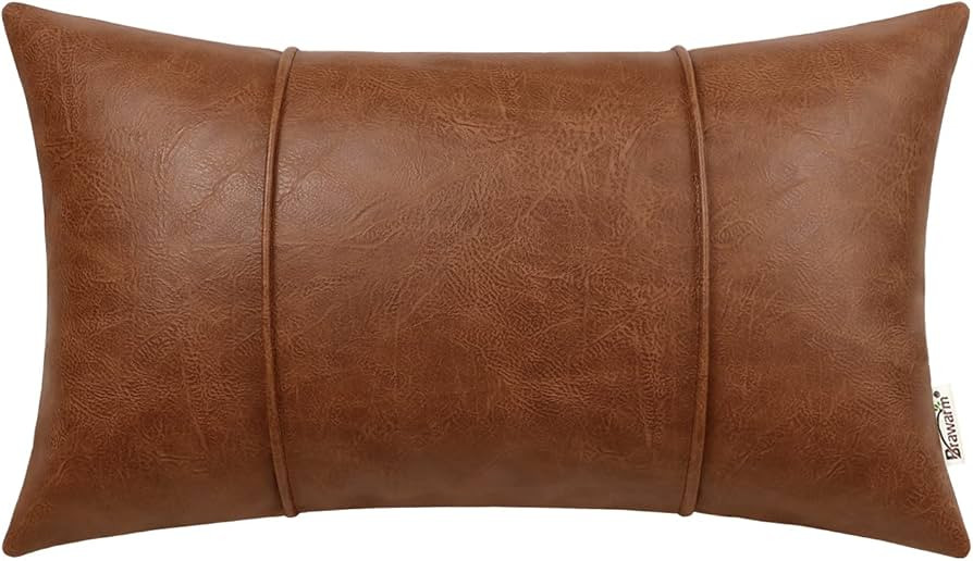 BRAWARM Brown Leather Throw Pillow Covers 12 X 20 Inches - Faux Leather Lumbar Pillow Cover with ... | Amazon (US)
