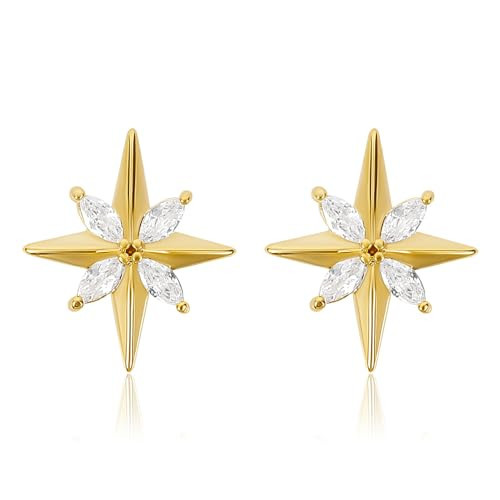 Gold North Star Stud Earrings for Women Dainty Dainty 14K Gold Plated Star Earrings with Cubic Zirconia Small Tiny Trendy Starburst Statement Earrings Jewelry Gift for Women | Amazon (US)