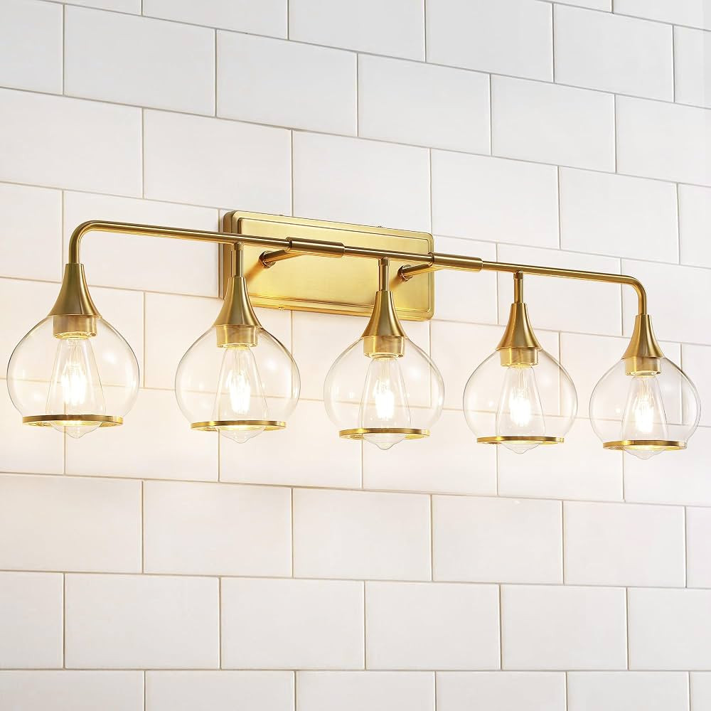 HAHZT Gold Bathroom Vanity Light 5-Lights Bathroom Light Fixtures Over Mirror with Clear Glass Sh... | Amazon (US)