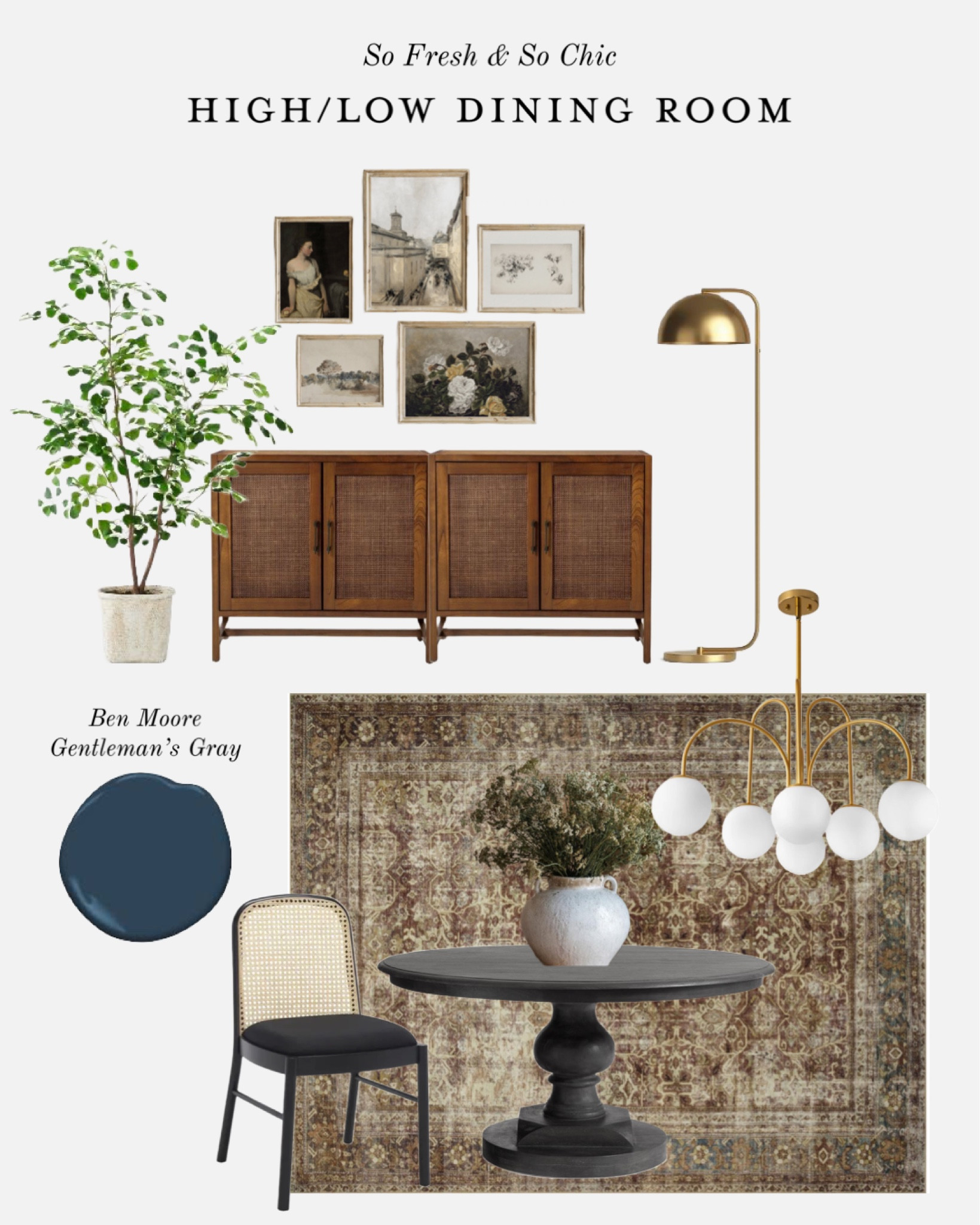 Inspired by my own high-low dining room! 
-
Etsy - Magnolia Home - Target - Studio McGee - Wayfair - Pottery Barn - wood and cane cabinet - affordable vintage printable art - landscape art - vintage portrait - vintage gallery wall set - gold dome floor lamp - burgundy brown traditional rug - black upholstered cane back dining chairs - black wood pedestal dining table - Benjamin Moore Gentleman’s Gray navy blue accent wall - white and brass glass ball chandelier - dining room decor - vintage French country vase oversized - faux ficus tree - transitional dining room - affordable dining room decor


#LTKsalealert #LTKhome