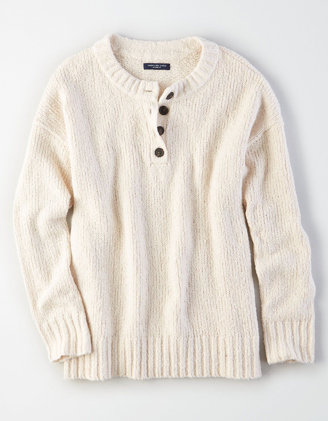 AE Henley Pullover Sweater, Cream | American Eagle Outfitters (US & CA)