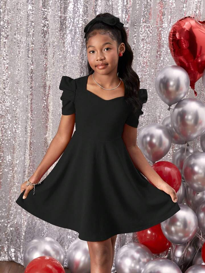 SHEIN Tween Girls' Sweetheart Collar Waist A-Line Elegant Casual Short Sleeve Dress | SHEIN