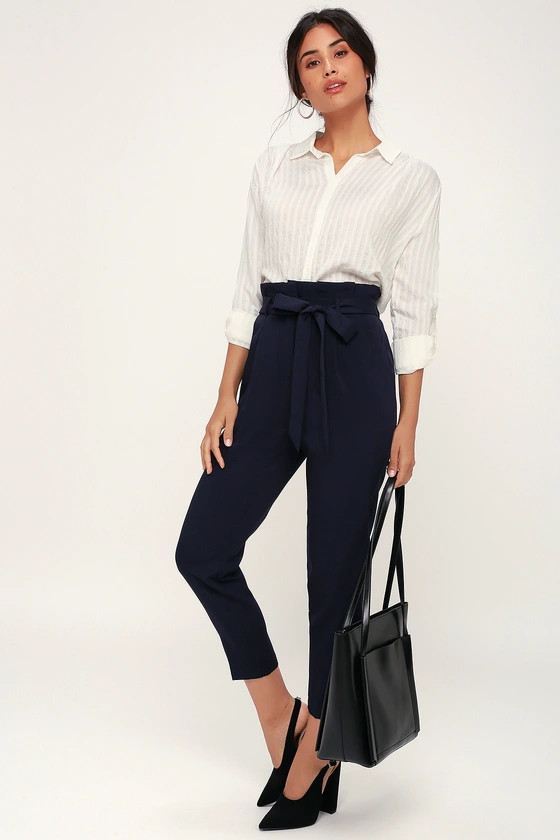 With Confidence Navy Blue Paper Bag Waist Pants | Lulus (US)