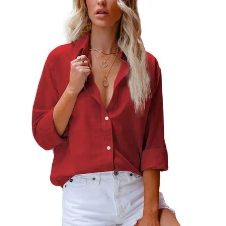 Womens Summer Blouses Casual Lapel Neck Cotton Linen Long Sleeve Button Down Shirts Tops | Walmart (US)