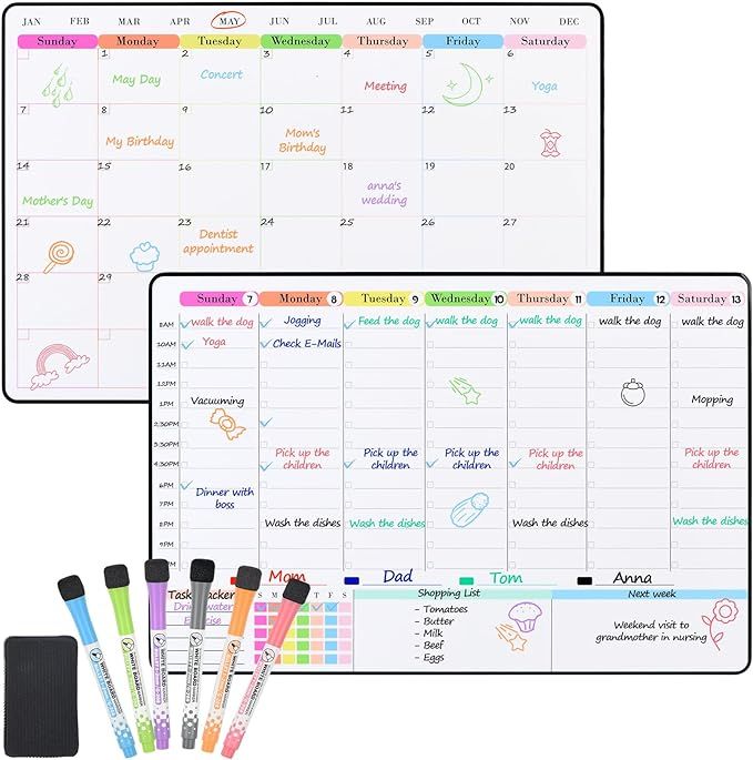 POPRUN Dry Erase Calendar weekly and monthly self adhesive stick on non-magnetic stainless fridge... | Amazon (US)