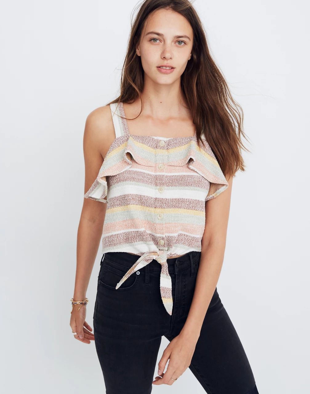 Texture & Thread Ruffle Tie-Front Tank in Stripe | Madewell