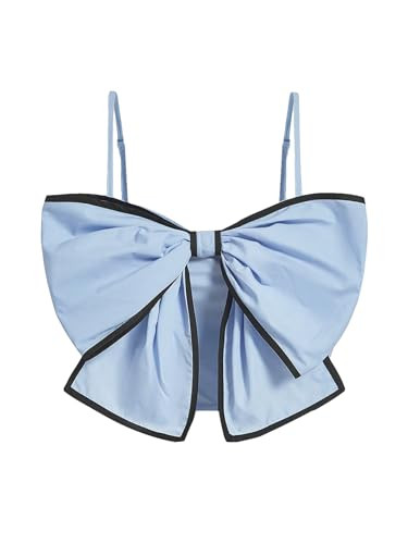 OYOANGLE Women's Solid Bowknot Front Ruched Cami Top Spaghetti Strap Contrast Binding Crop Tops | Amazon (US)