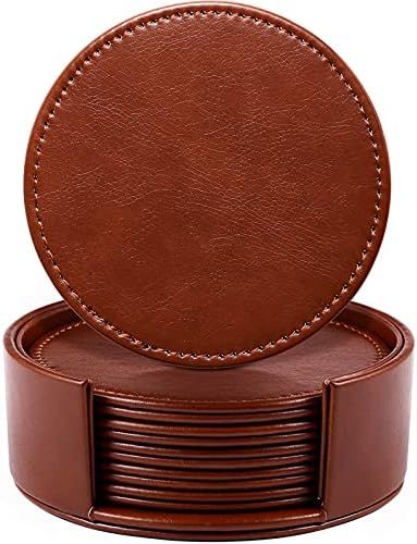 LAMOTI Leather Coasters for Drinks, 4" Drink Coasters Set of 6 with Holder for Tabletop Protection,  | Amazon (US)