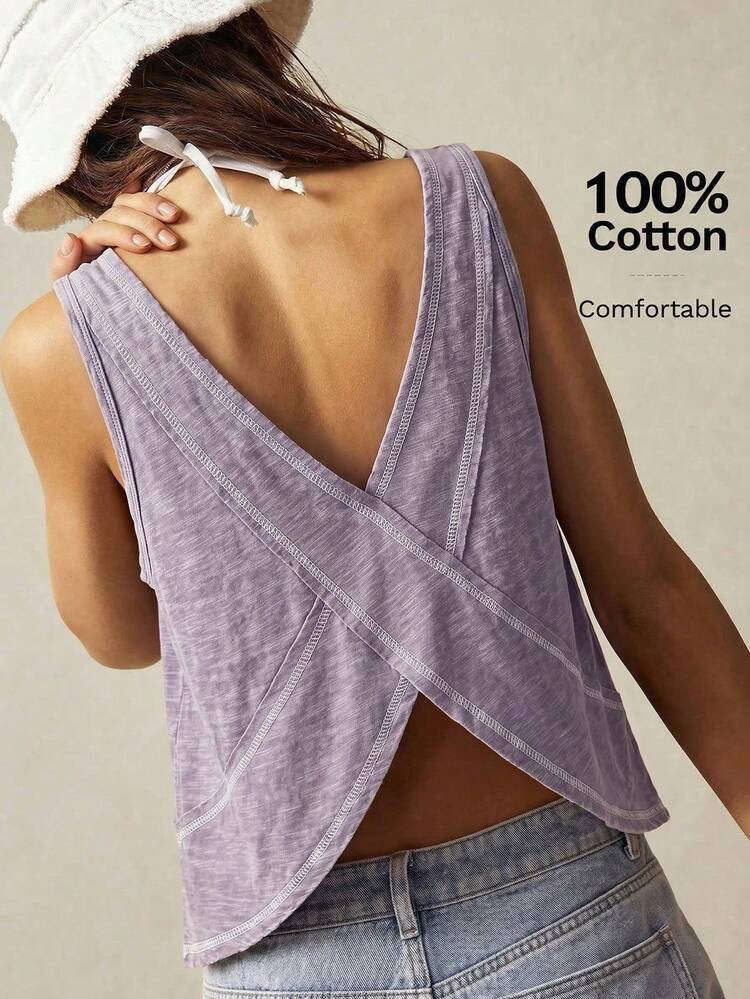 Bohemela Women's Solid Color V-Neck Asymmetrical Hem Knit Vest,Summer Top | SHEIN