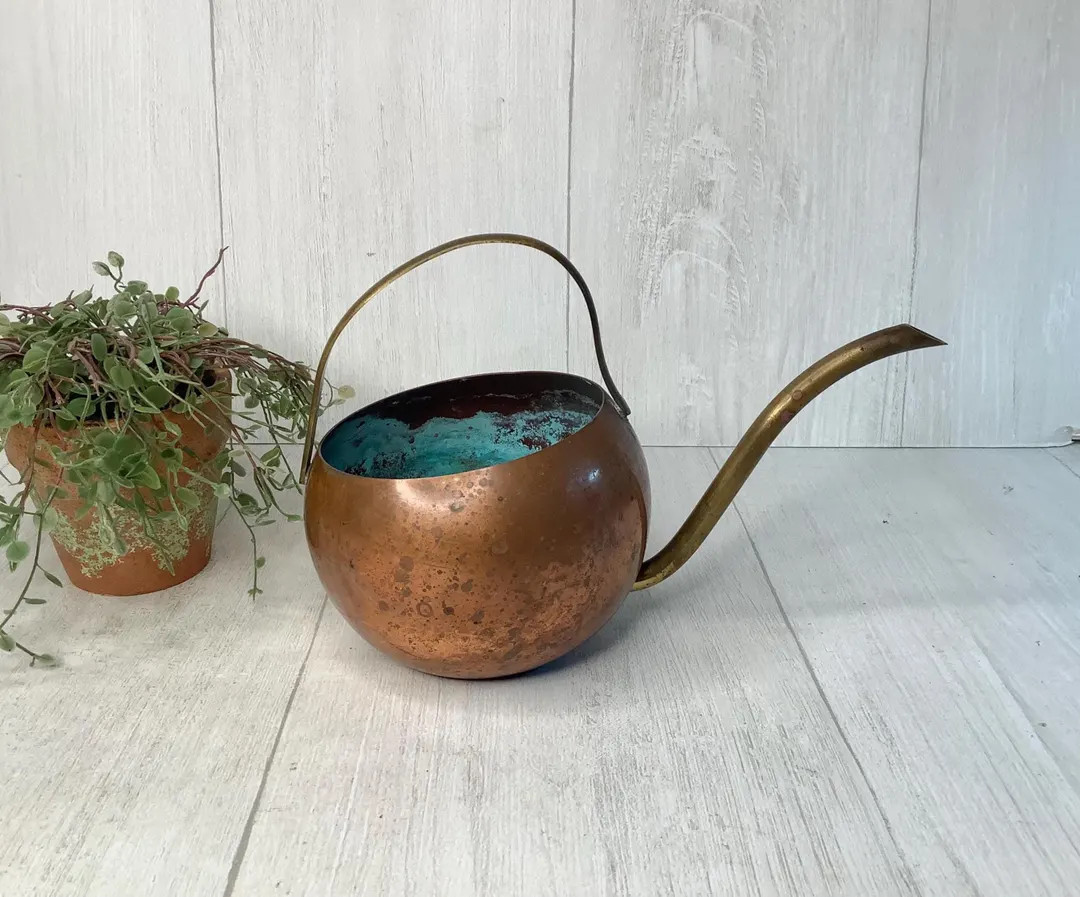 Vintage Copper Watering Can/ Copper Tone Round Metal Watering Can/ Long Spout, Handle/ Indoor Pla... | Etsy (US)