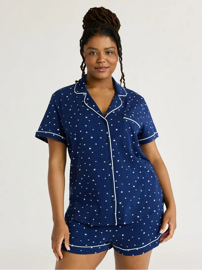 Joyspun Women's Cotton Blend Notch Collar Top and Shorts Pajama Set, 2-Piece, Sizes S to 4X - Wal... | Walmart (US)